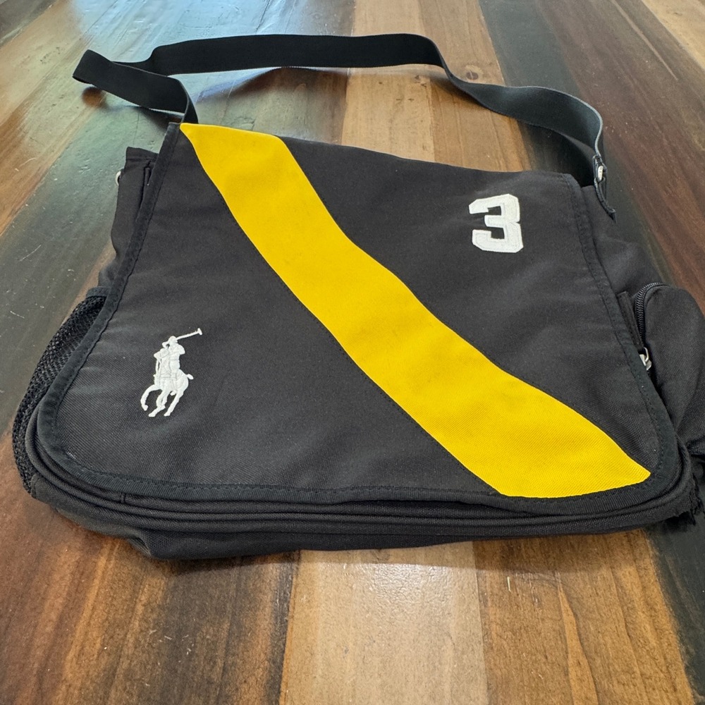 Polo Ralph Lauren Banner Stripe II Messenger Bag Black Yellow Big Pony 3 Logo